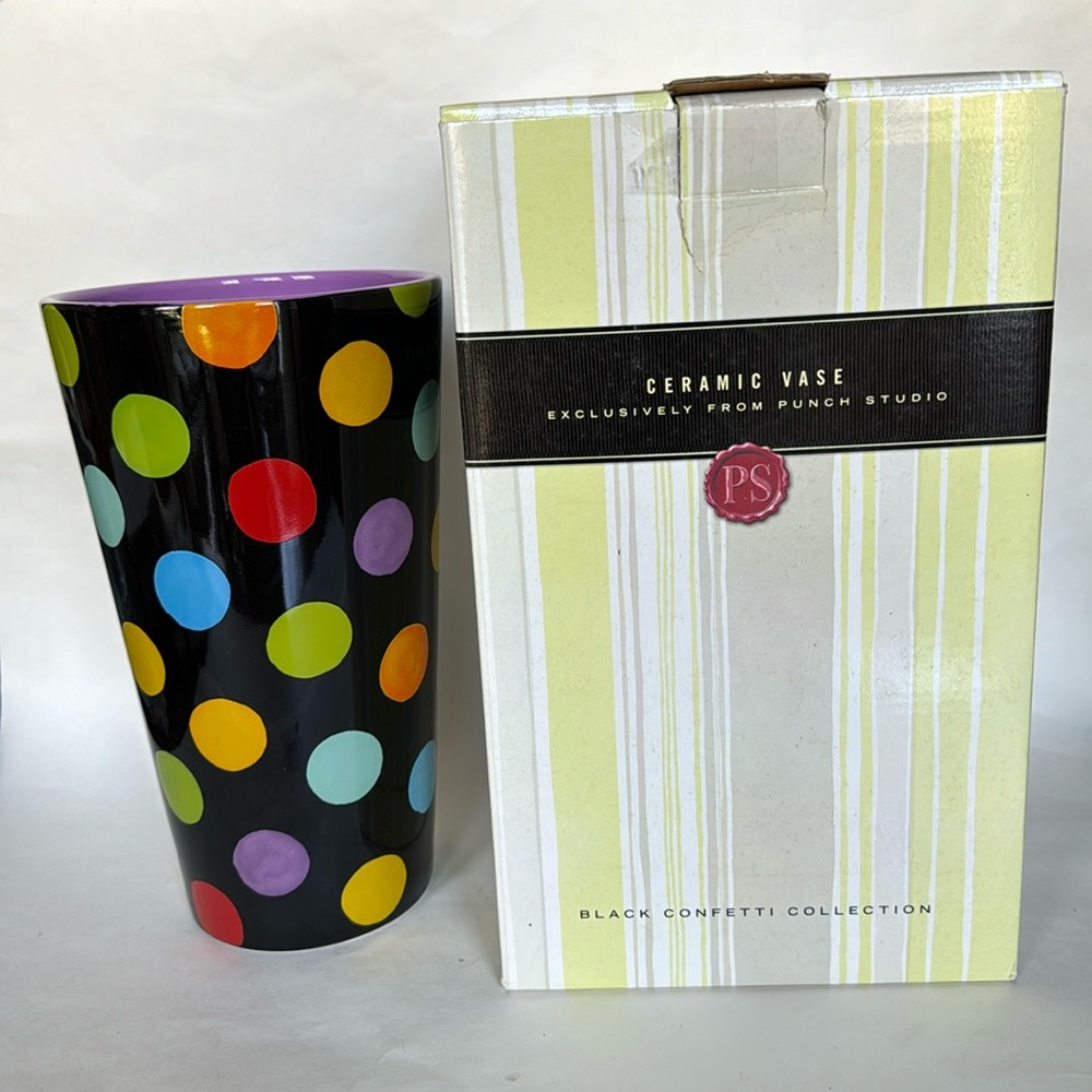 PUNCH STUDIO Ceramic Vase Black Confetti Polka Dot 18” X 5.75” NIB